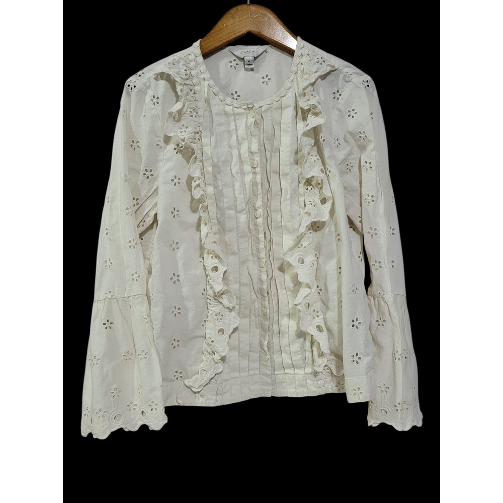 J Crew Button Up Eyelet Lace Top Womens 10 Ivory Cotton Ruffles Cottagecore